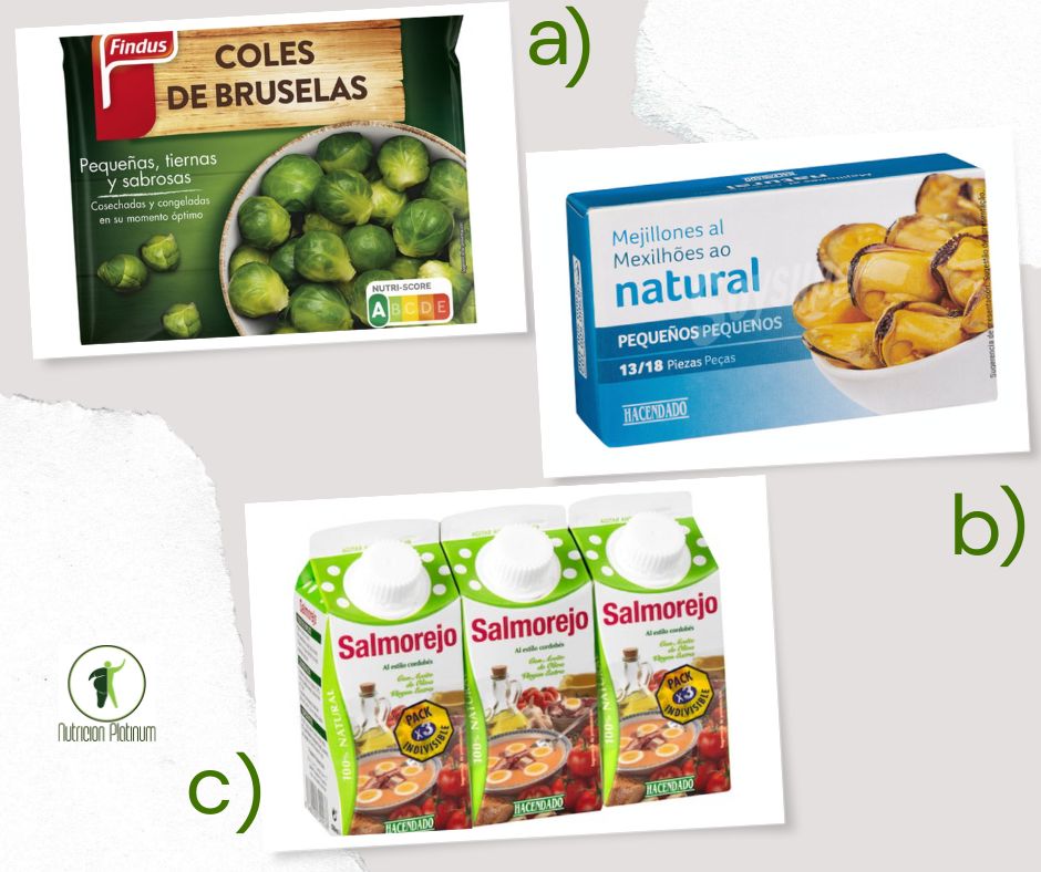 Coles de bruselas con mejillones en conserva y salmorejo.